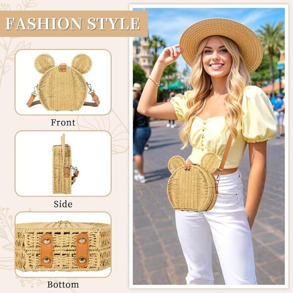Handmade Round Rattan Straw Bag with Cute Mouse Ears - Stylish Crossbody Purse - Picture 7 of 9